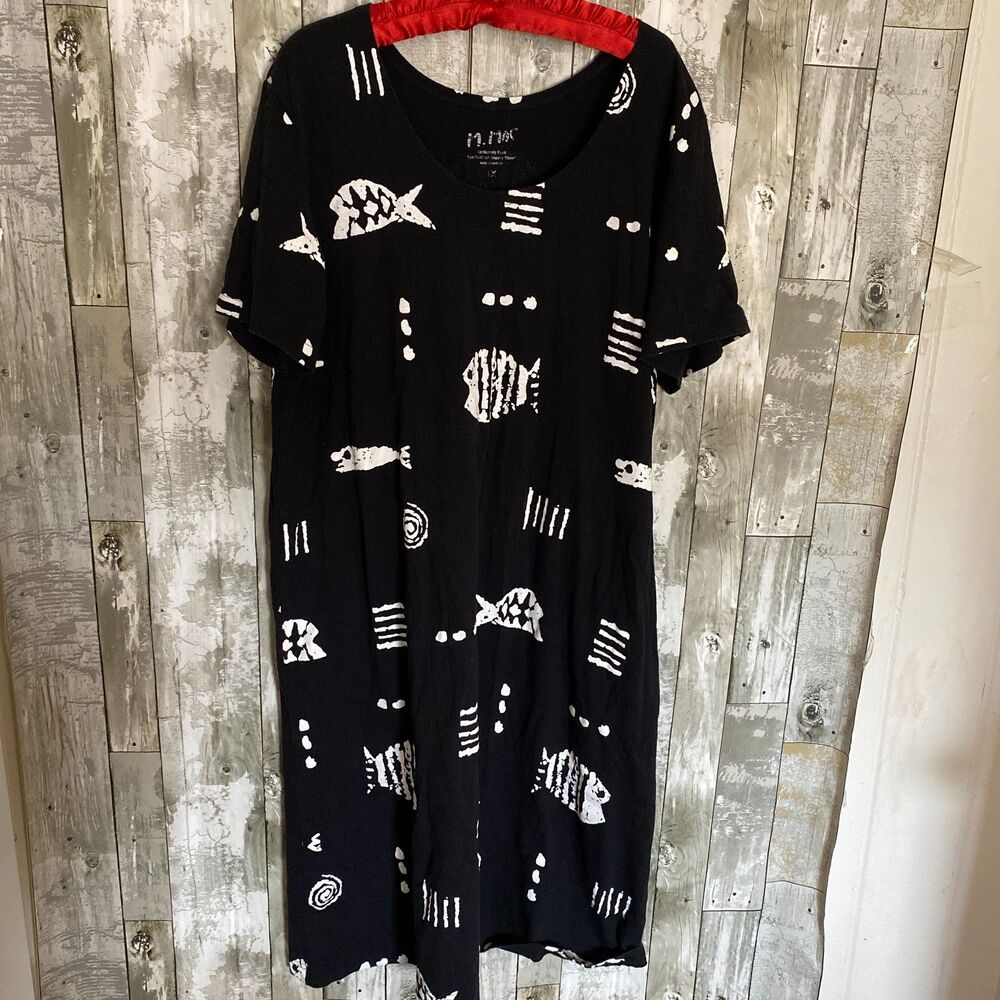 M.Mac black and white fish print maxi t-shirt dress plus size 1X